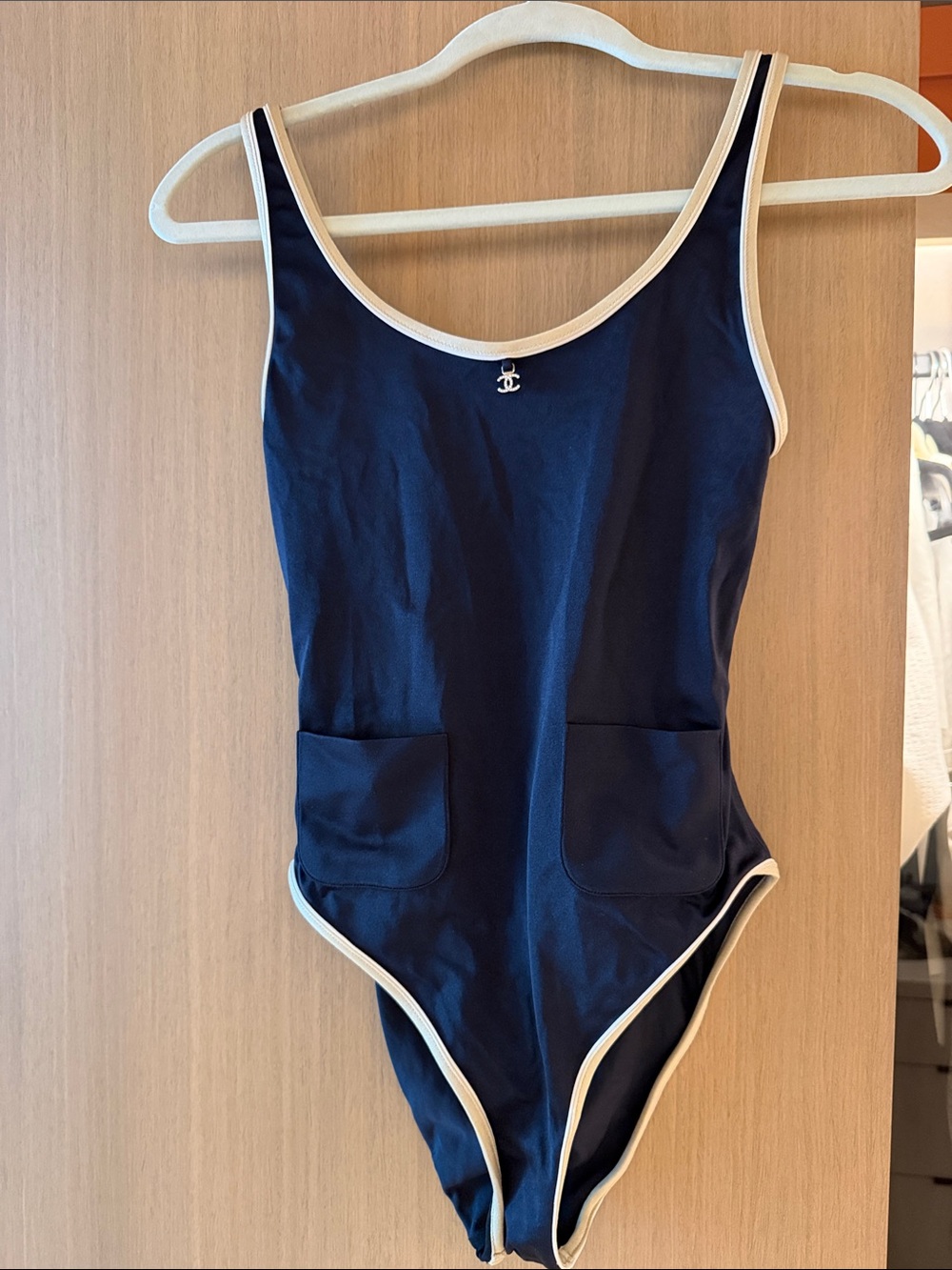 CHANEL Navy One-Piece Swimsuit with Cream Trim